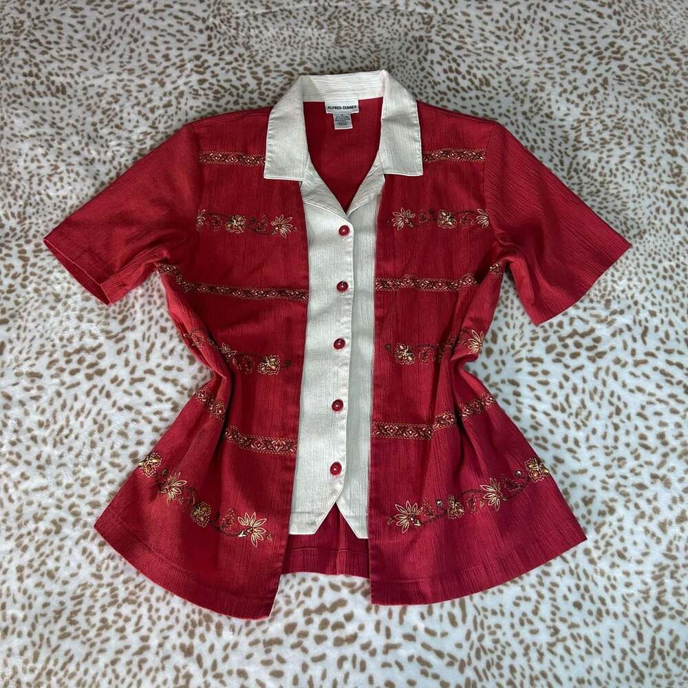 Alfred Dunner Blouse Size 14- L Red White Floral Embroidered Collared Top